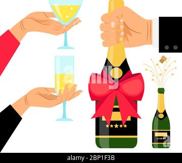 Champagnerflasche und Trinkgläser in den Händen, Vektorgrafik Stock Vektor