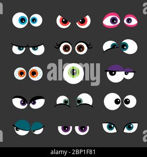 Augen setzen Vektor-Illustration. Lustige Comic Monster Augen isoliert auf grau. Wütend und verängstigt, schlau und klagende Stock Vektor