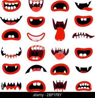 Niedliche Monster Mund Set. Rote Cartoon Mund mit Zähnen, auf weißem Hintergrund. Vektorgrafik Stock Vektor
