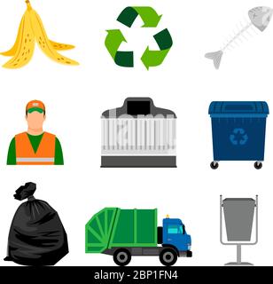 Symbole für die Farbe der Müllabfuhr. Müllcontainer und Müllwagen, Reiniger und Müllbeutel Stock Vektor