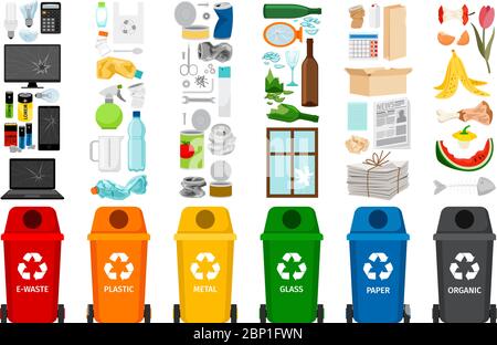 Müllcontainer und Mülltypen, bunte Vektorsymbole Stock Vektor