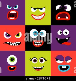 Niedliche und lustige bunte Monster Gesichter in quadratischer Form, Vektor-Illustration gesetzt Stock Vektor