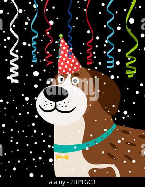 Hintergrund der Hundeparty. Serpentin, fallender Schnee und ein Hund in festlicher Hut Vektor-Illustration Stock Vektor