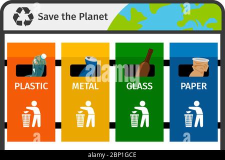 Kunststoff Glas Papier Metall Abfalleimer in verschiedenen Farben, Vektor-Illustration Stock Vektor