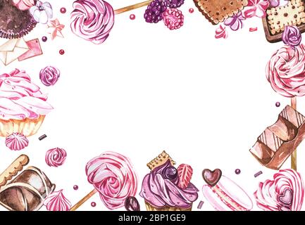 Wasserfarbige Süßigkeiten Kollektion. Aquarell teamplate einer Komposition von Süßigkeiten, Kuchen und Umschlag. Valentinstag. Perfekt für Karten, Drucke, invita Stockfoto