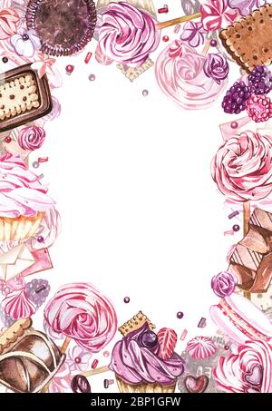 Wasserfarbige Süßigkeiten Kollektion. Aquarell teamplate einer Komposition von Süßigkeiten, Kuchen und Umschlag. Valentinstag. Perfekt für Karten, Drucke, invita Stockfoto