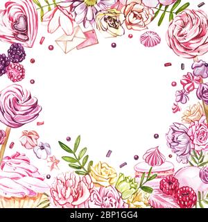 Wasserfarbige Süßigkeiten Kollektion. Aquarell teamplate einer Komposition von Süßigkeiten, Kuchen und Umschlag. Valentinstag. Perfekt für Karten, Drucke, invita Stockfoto