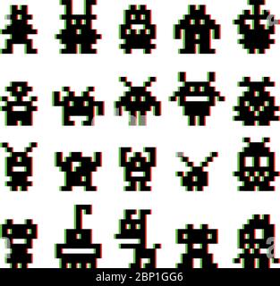 Weltraum-Monster. Bildschirm Verzerrung Raum Invaders Spiel Vektor-Illustration, vintage Pixel Invader gesetzt Stock Vektor