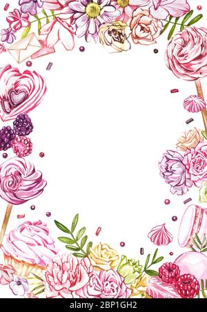 Wasserfarbige Süßigkeiten Kollektion. Aquarell teamplate einer Komposition von Süßigkeiten, Kuchen und Umschlag. Valentinstag. Perfekt für Karten, Drucke, invita Stockfoto