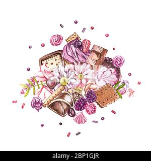 Wasserfarbige Süßigkeiten Kollektion. Aquarell Bild einer Komposition von Süßigkeiten, Kuchen und Umschlag. Valentinstag. Perfekt für Karten, Drucke, Einladungen Stockfoto