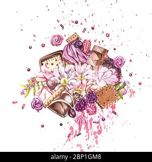 Wasserfarbige Süßigkeiten Kollektion. Aquarell Bild einer Komposition von Süßigkeiten, Kuchen und Umschlag. Valentinstag. Perfekt für Karten, Drucke, Einladungen Stockfoto