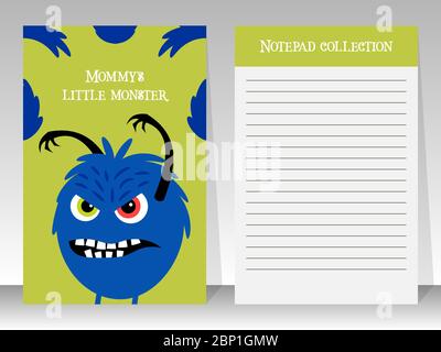 Niedliche gelbe Notizbuchvorlage mit wütenden blauen Monster, Vektor-Illustration Stock Vektor