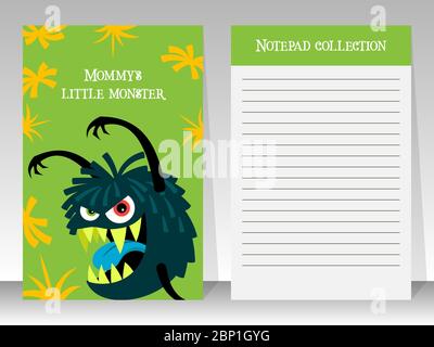 Niedliche grüne Notizbuchvorlage für Kinder mit Monster, Vektor-Illustration Stock Vektor