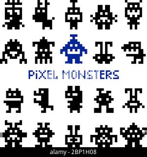 Retro Pixel Raum Monster und Videospiel Alien Invasoren Vektor-Illustration Stock Vektor