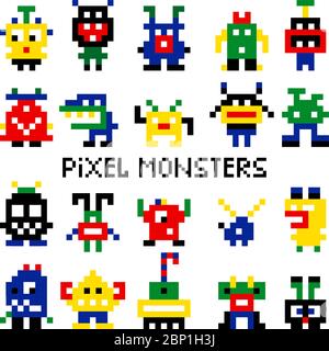 Vektor Pixel Invasoren Vektor-Illustration. Farbige pixelierte Retro-Raum Monster für 8 Bit Arcade-Computerspiel Stock Vektor