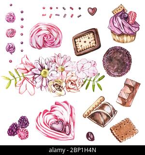 Wasserfarbige Süßigkeiten Kollektion. Handgezeichnete Aquarell-Kuchen Illustrationen. Hochzeitstorte, Kuchen mit Beeren, rosa Tasse, Plätzchen, Cupcake, Makronen und Flow Stockfoto