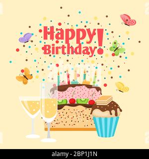 Happy Birthday Karte mit Muffin, Kuchen und ein Glas Champagner, Vektor-Illustration Stock Vektor