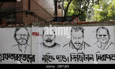 Dhaka, Bangladesch. Mai 2020. Stencil Street Art sagt an einer Wand in Dhaka: "Entlässt die Verhafteten, hebt den Digital Security Act auf". Quelle: MD Mehedi Hasan/ZUMA Wire/Alamy Live News Stockfoto