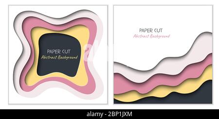 Abstrakte quadratische Vektorhintergründe im Papierschnitt-Stil mit Schatten und Kopierraum für Text. Papierkunst in trendigen Farben mit Schichten, Form von Wellen. Realistische Miniformat Layout-Vorlage für Poster, Banner Stock Vektor