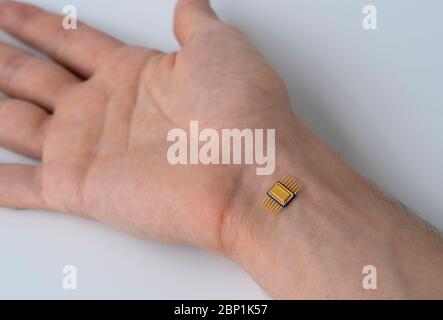 microchip ist mit einer Hand verbunden. Implantation eines Chips unter der menschlichen Haut. Stockfoto