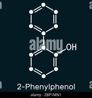 2-Phenylphenol, Biphenylol, Orthophenyl, C12H10O Molekül. Es ist ein antimykotisches Mittel und Konservierungsmittel mit E-Nummer E231. Chemische Formel für den Skelettaufbau ein Stockfoto