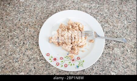 Thunfisch in der Dose ist in einem Porzellanteller und es gibt eine Gabel. Nahaufnahme. Stockfoto