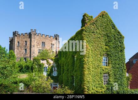 Durham Castle Keep und das Ivy Clad University College Masters House aus Palace Green, Durham City Stockfoto