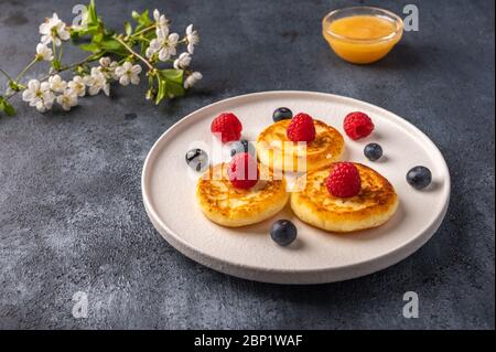 Traditioneller russischer Käsekuchen mit Himbeeren, Heidelbeeren und Honig auf einem weißen Keramikplatte auf dunklem Hintergrund. Daneben ist ein blühender Zweig Stockfoto
