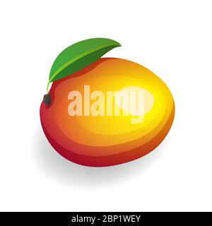 Reife Mango mit Blatt isoliert auf weißem Hintergrund. Süße exotische Frucht, Vektor-Illustration in flachem Stil Stock Vektor