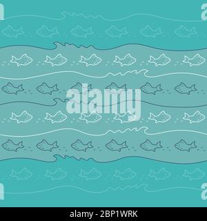 Illustration von Fischmustern unter Wasser und Meereswellen auf blauem, türkisfarbenem Hintergrund. Quadratisches marine nahtloses Muster auf einem nautischen Thema. Stock Vektor