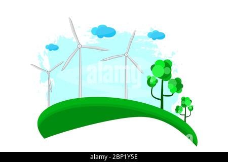 Eco Energy-Logo. Landschaft mit Windpark in grünen Feldern unter Bäumen. Tag der Umwelt. Erneuerbare Energien und Umweltschutz. Vektor Stock Vektor