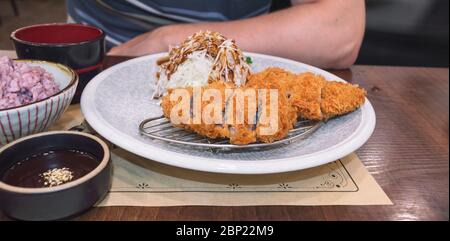 Nahaufnahme von frisch zubereitetem Tonkatsu mit Kohlsalat, Reis und Sauce Stockfoto