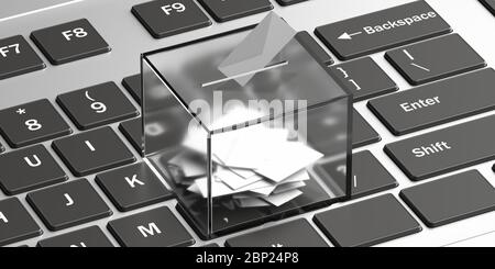 Online-Wahl, digitales Wahlkonzept. Umschlag in Glas Wahlurne, Computer Laptop Hintergrund. 3d-Darstellung Stockfoto