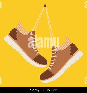 Ein Paar braune Schuhe hängen an Schnürsenkeln mit einer gelben Wand im Hintergrund, Vektorgrafik Stock Vektor