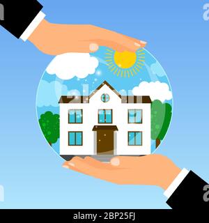 Geschäftsmann hält eine Glasschale mit Traum von seinem eigenen Haus, Vektor-Illustration Stock Vektor