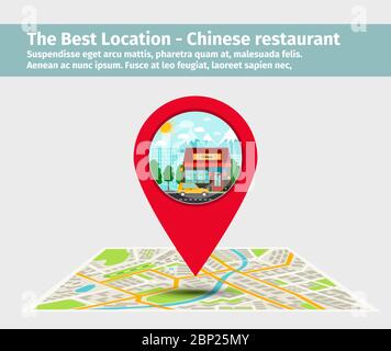 Das beste chinesische Restaurant in der Lage. Zeigen Sie auf der Karte mit Gebäude, Vektorgrafik Stock Vektor