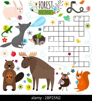 Kreuzworträtsel für Tiere. Buch Puzzle Kreuzworträtsel Spiel mit Wald Tiere Vektor-Illustration Stock Vektor