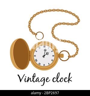 Vintage Gold Zeiger Uhr isoliert auf weißem Hintergrund, Vektor-Illustration Stock Vektor