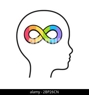 Kind Kopf Profil Silhouette mit Regenbogen Unendlichkeit Symbol. Störungen des Autismus-Spektrums und Bewusstsein für die Neurodiversität. Stock Vektor