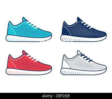 Modernes Laufschuh-Icon-Set. Schlichte Mesh Top Sneaker in blau, rot, schwarz und weiß. Isolierte Vektorgrafik-Illustration Kollektion. Stock Vektor