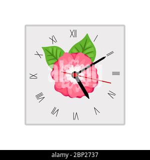 Quadratische Form isolierte Wanduhr mit rosa Blume, Vektor-Illustration Stock Vektor