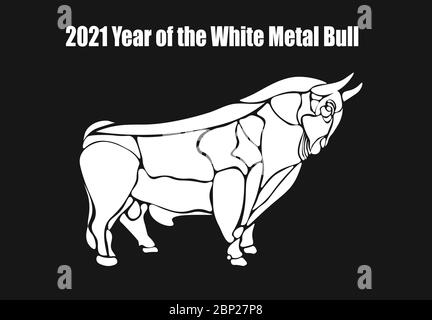 2021 Jahr des weißen Metallbullen. Frohes Neues Jahr. Silhouette. Mondhoroskop Zeichen. Vektorgrafik Stock Vektor