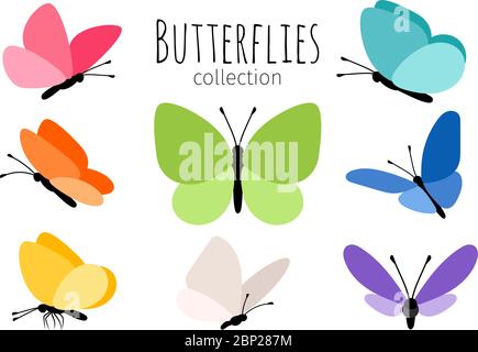 Bunte Frühlingsschmetterlinge. Abstrakte Zeichnung Farbe fliegenden Schmetterling Set für Kinder Vektor-Illustration isoliert auf weißem Hintergrund Stock Vektor