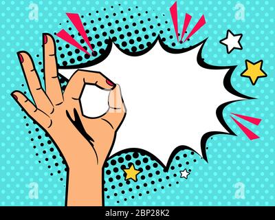 Comic OK Schild. Hand von Cartoon Vintage Frau mit ok Geste und Text Burst Box Vektor-Illustration Stock Vektor