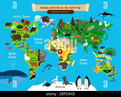 Weltkarte Tiere. Europa und Asien, Süd- und Nordamerika, Australien und Afrika und Meerestiere Geographie Karte Vektorgrafik für Kinder Stock Vektor