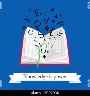 Symbol für Lesebuch. Open Schulbuch mit Buchstaben Symbole und Text Wissen ist Macht für digitale Computerbibliothek Vektor-Illustration Stock Vektor