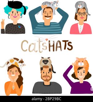 Katzenmützen. Glückliche Menschen mit niedlichen Katzen sitzen auf ihren Köpfen lustige Cartoon Vektor Illustration Stock Vektor