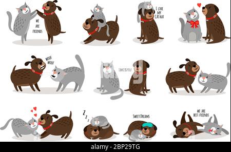 Hund und Katze zusammen. Lustige Hund mit Katze sind beste Freunde Vektor-Illustration, Cartoon Haustiere mit lustigen Texten auf weißem Hintergrund isoliert Stock Vektor