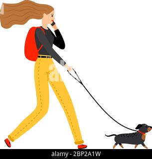 Frau, die mit Hund geht. Junge weibliche Person Spaziergang Haustier Hund an der Leine Vektor-Illustration Stock Vektor