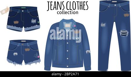 Jeans-Kleidung. Trendy Mode gerissen Denim Freizeit Kleidung Vektor Illustration, Jeans Outfit Kleidungsstücke Modelle auf weißem Hintergrund isoliert Stock Vektor